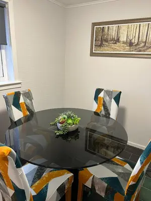 a glass table with chairs and a potted plant on it at Spacious 2 bedroom apartment, entire place in Greenock