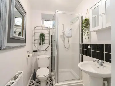 a bathroom with a toilet and a shower and a sink at Lismore in Crieff