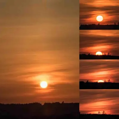 four different views of the sun at sunset at Creebank Cottage with river view in Newton Stewart