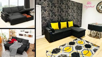 a living room with a black couch and yellow pillows at Ground Floor Entire Apartment Self Checkin in Crossgates