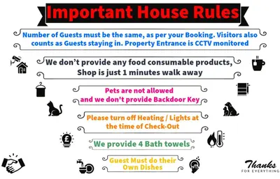 a diagram of the important house rules at Ground Floor Entire Apartment Self Checkin in Crossgates
