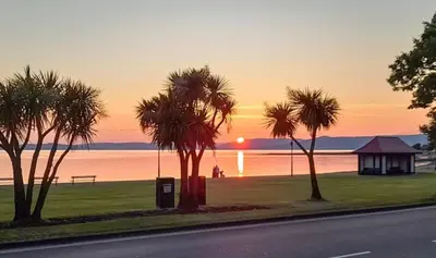 a sunset with palm trees on the side of a road at Sunset of Largs in Largs
