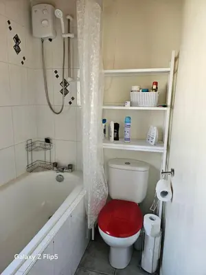 a bathroom with a toilet with a red seat at Double room available in Livingston