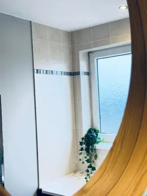 a bathroom mirror with a plant next to a window at Top Floor Apartment with Castle Views in Edinburgh