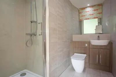 a bathroom with a shower and a toilet and a sink at Ivy Tree Cottage in Morenish