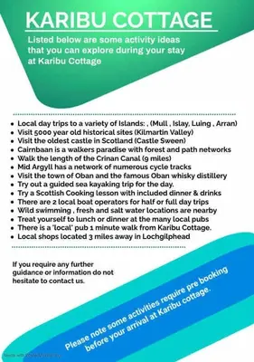 a page of a resume with a green and blue at Cosy Karibu cottage with stunning canal views in Cairnbaan