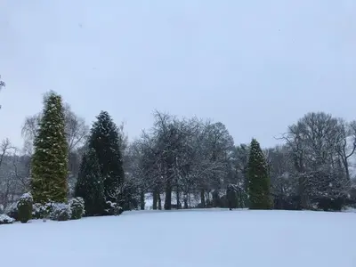 a field covered in snow with trees in the background at West Plean House in Stirling