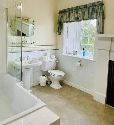 a bathroom with a toilet and a sink and a window at West Plean House in Stirling