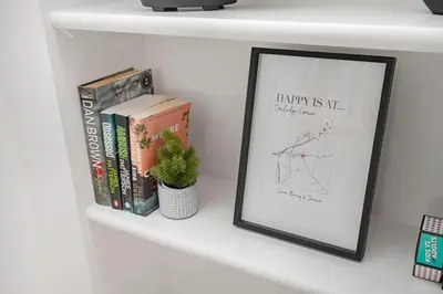 a shelf with books and a framed picture and a plant at Coaledge Coorie - A wee find in Fife in Fordell