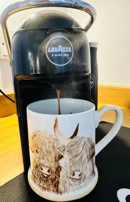 a coffee cup with two owls on it next to a tea kettle at Kilmartin Court Apartments - No3 By The Sea & No2 With A View - free parking in Oban