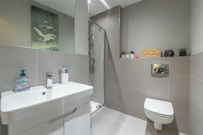a bathroom with a sink and a toilet and a shower at Modern Main Door Flat Edinburgh City Center in Edinburgh