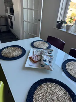 a white table with a plate of food on it at City break in Edinburgh