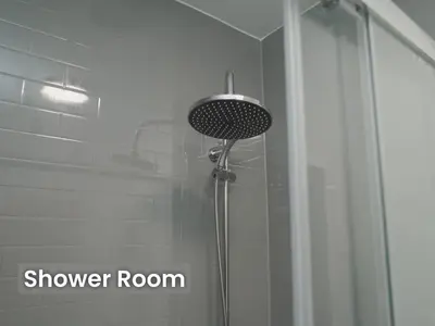 a shower room with a shower curtain and a shower room at Edinburgh Modern Apartment in Haymarket, city centre in Edinburgh