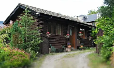a log cabin with flowers in the window at An Carraig Log Cabin in Strathyre