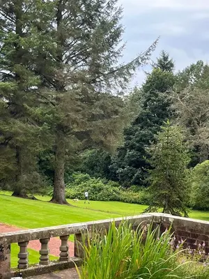 a bridge in a park with trees and grass at Lovely Carlung House in West Kilbride