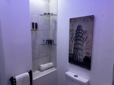 a bathroom with a shower with a picture on the wall at Modern 3-Bedroom Home with Cozy Cinema-Style Living Space in Cumbernauld