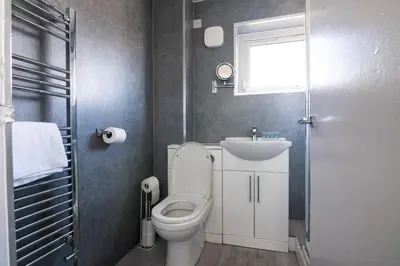 a small bathroom with a toilet and a sink at Renfrew House in Renfrew