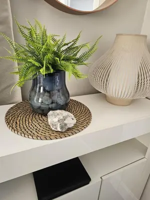 a plant in a vase on a shelf with two vases at Ocean View 2 in Campbeltown