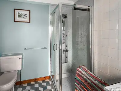 a bathroom with a shower and a toilet at Ardtornish Apartment in Tayvallich