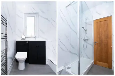 two images of a bathroom with a toilet and a shower at Vacant Nests The Milton Dunfermline Parking in Dunfermline