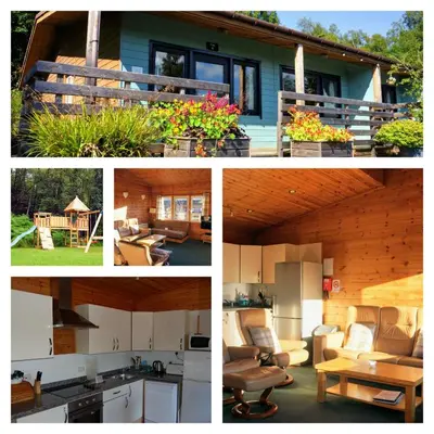 a collage of photos of a house with flowers and a kitchen at Killin Highland Lodges in Killin