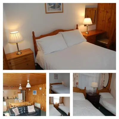 three pictures of a bedroom with a bed and a lamp at Killin Highland Lodges in Killin