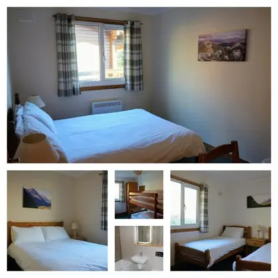 three pictures of a bedroom with two beds and a window at Killin Highland Lodges in Killin