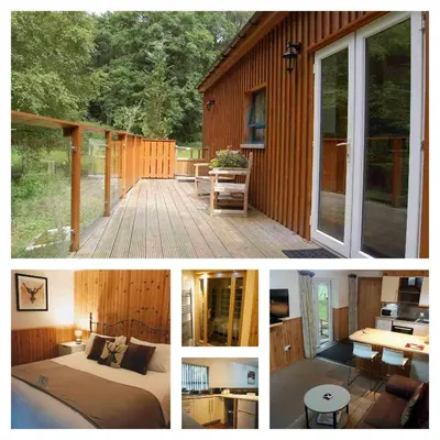 a collage of four pictures of a cabin at Killin Highland Lodges in Killin