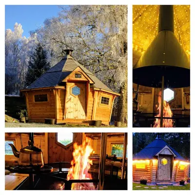 a collage of pictures of a cabin with a fire at Killin Highland Lodges in Killin