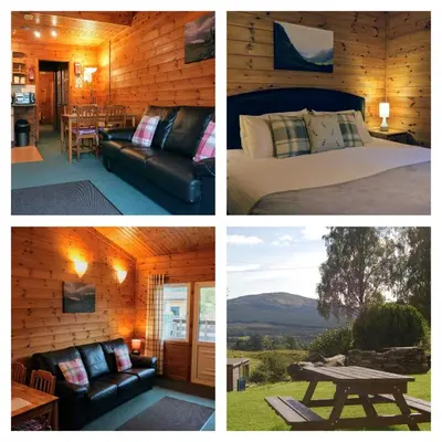 four pictures of a cabin with a bed and a table at Killin Highland Lodges in Killin