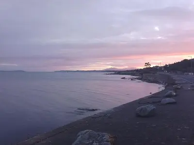 a beach with rocks and the ocean at sunset at The Snug a cosy, quirky detached cottage with sea views in Innellan