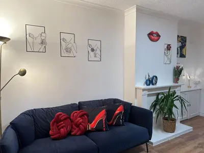 a living room with a blue couch with red pillows at Private main door Two Bedrooms Apartment in Edinburgh