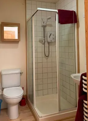 a bathroom with a shower with a toilet and a sink at Leargy House in Isle of Jura