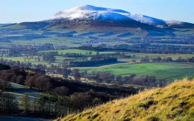 a snow covered mountain in a green field with a mountain at Clyde Cottage in Lamington