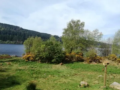 a grassy field with a lake in the background at Red Kite Eco Bothy - with Hot Tub in Castle Douglas