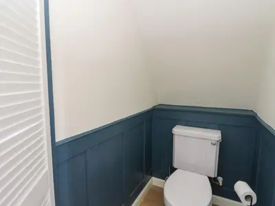 a bathroom with a white toilet and blue walls at Scarba in Oban