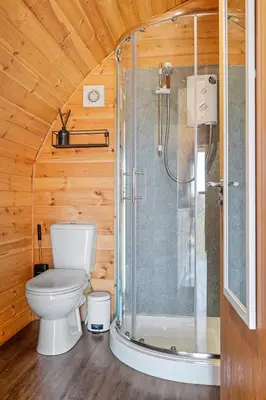 a bathroom with a toilet and a shower at The Pods at 7 Black Crofts in Oban