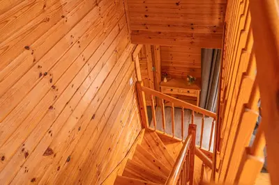 an overhead view of a wooden stairs in a room at Lodge 6 in Stirling