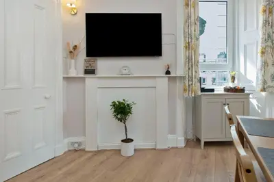 a living room with a television on a wall with a plant at Lovely Haymarket Apartment - Central Edinburgh in Edinburgh