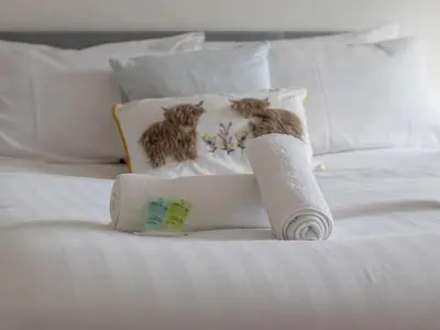two towels and two kittens sitting on a bed at Pass the Keys Victoria Road Queens Park View in Glasgow