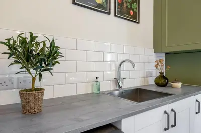 a kitchen counter with a sink and a potted plant at Historic Trackside Retreat, Charming Getaway in Stirling