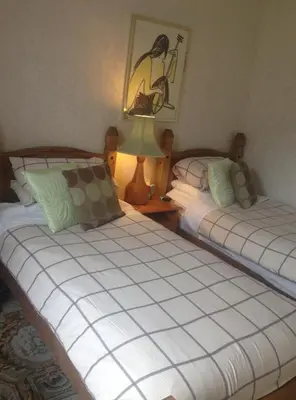 two twin beds in a room with a lamp at Tanglin Guest House in Oban