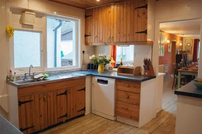a kitchen with wooden cabinets and a white dishwasher at Ardtalnaig House, Loch Tay in Ardtalnaig