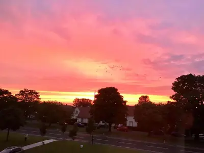 a sunset over a road with a house and trees at City Getaway - Homestay in Edinburgh