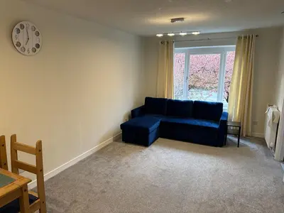 a living room with a blue couch and a window at Cosy two bedroom flat in Glasgow