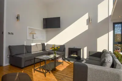 a living room with two couches and a fireplace at Cliff Top - Bubbling Springs in Wemyss Bay
