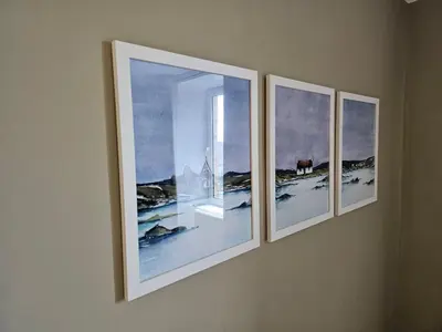 three pieces of art hanging on a wall at Central Oban 2BR Short walk to Ferries and Harbour in Oban