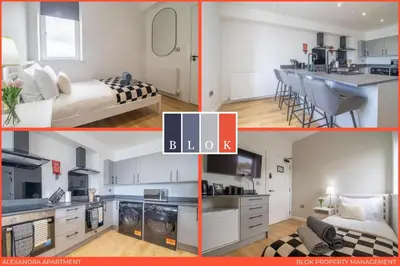 a collage of photos of a kitchen and a living room at Alexandra Apartment - Single Room #1 in Falkirk