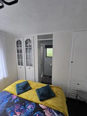 a bedroom with a bed with two blue pillows on it at Woodlands Retreat Holiday Home in Ballantrae