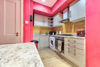 a kitchen with pink walls and a washer at Edinburgh Drumdryan Central Apart in Edinburgh